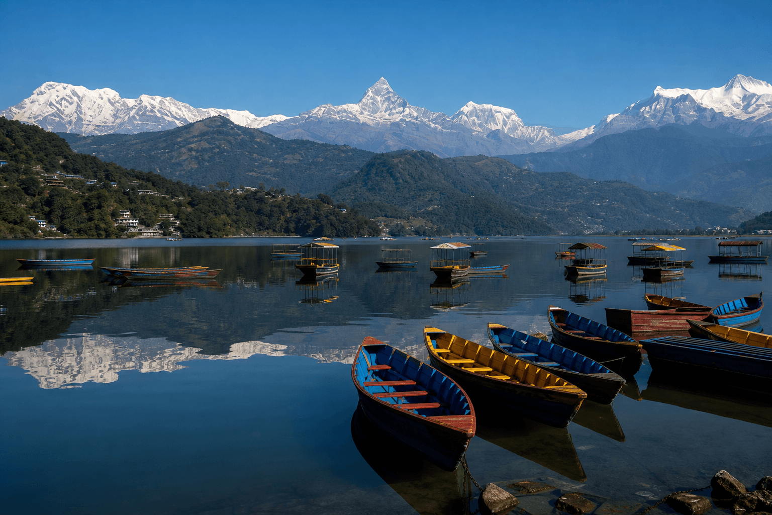 Boats on Phewa Lake with the Annapurna range behind